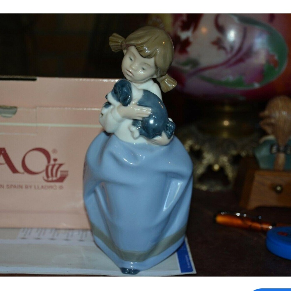 Lladro Nao Girl with Puppy Figurine in Blue and White